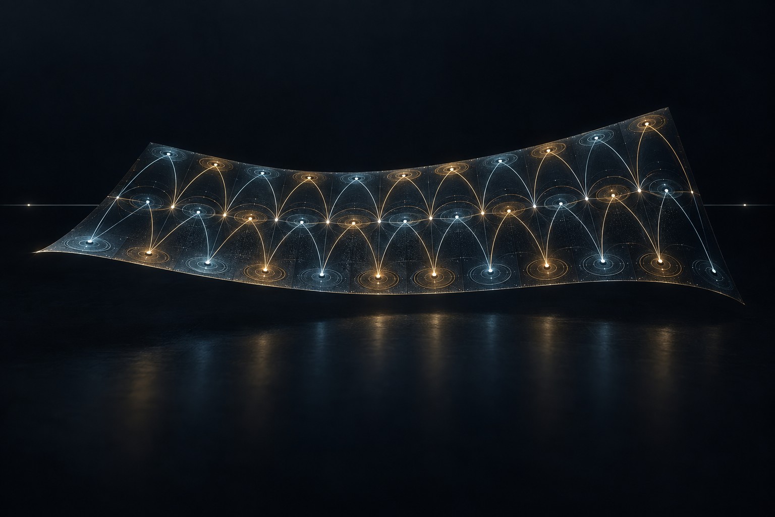 The paired cyan and gold curves lean together across a folded field. A small bias repeated through the finite collision table becomes a slow drift in the prime sum. Forty entries and one mean correction fix the decimal coefficient at minus nine tenths; removing that drift leaves a convergent sum.
