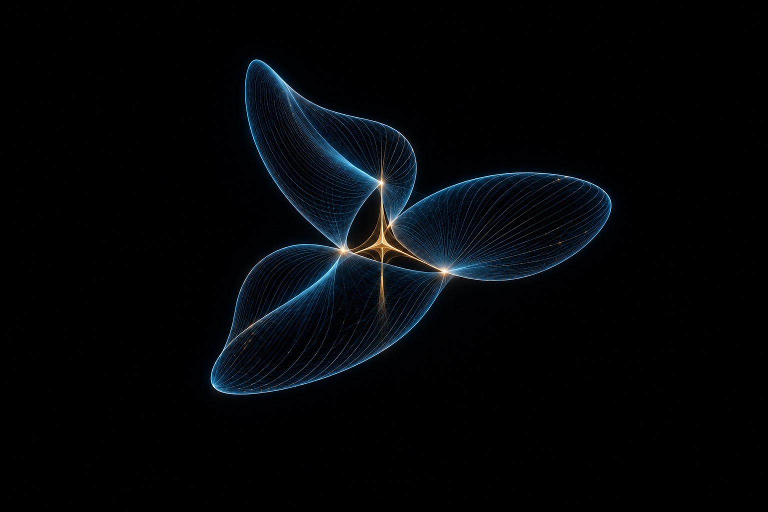 The blue forms change around an unchanged gold junction. That junction stands for the finite digit boundary, which stays fixed as the analytic parameter moves through the critical strip. Each active channel carries the zeros of its corresponding L-function.