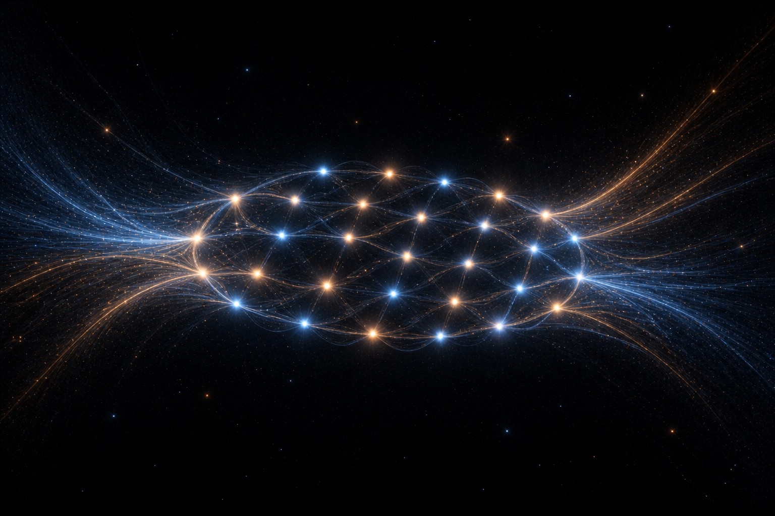 Fine blue and warm gold filaments gather into a finite pattern of connected lights against black space.