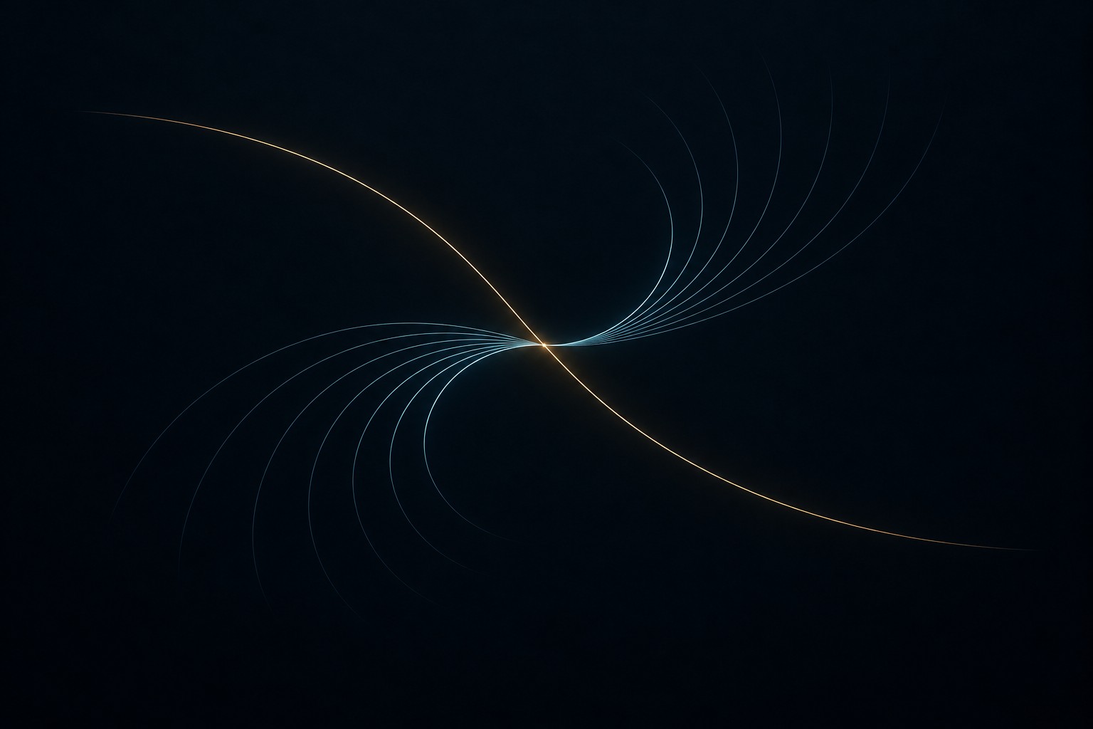 Opposing blue paths leave one gold direction clear. The spectral gate selects a precise contribution from signed phase terms whose separate magnitudes conceal the cancellation.