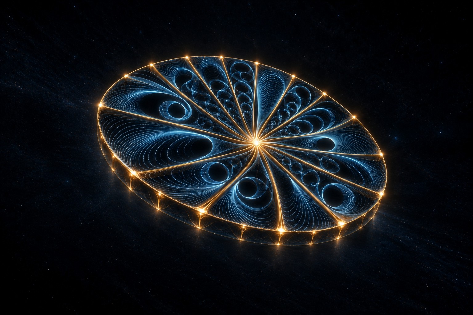 The divided fan pictures a digit map that keeps every nonzero remainder distinct. Separate loops retain separate identities, so synchronized repeating tails agree at every position or at none.