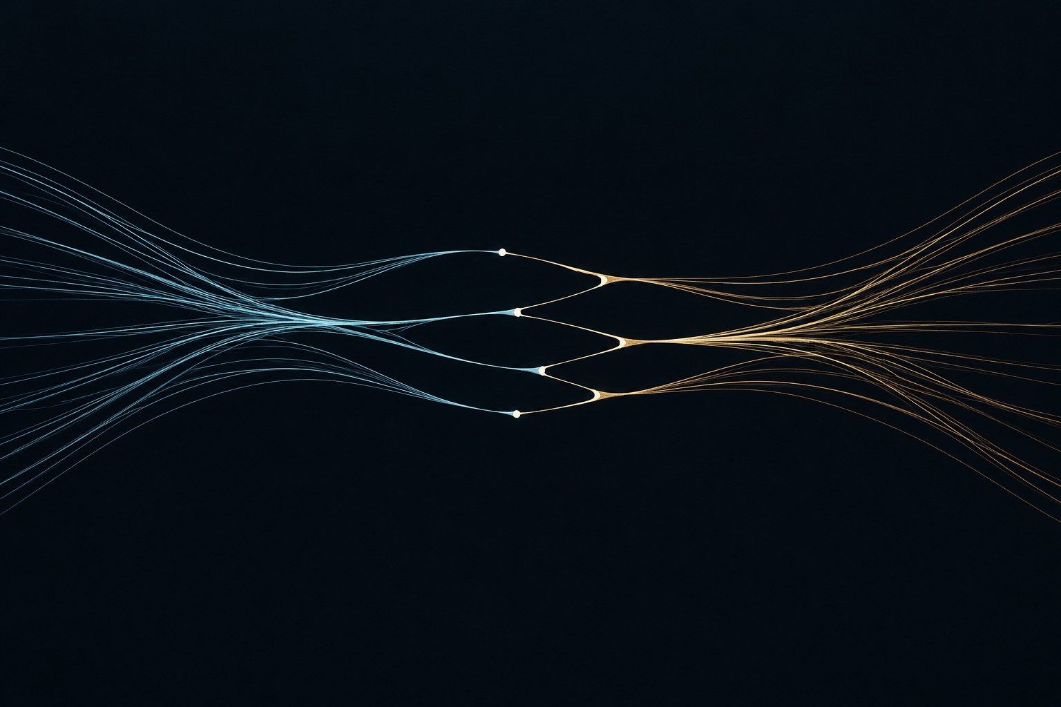 Fine cyan and gold paths meet at staggered points, enclosing gaps of different lengths. The gaps suggest the reading that persists between opposite resets.