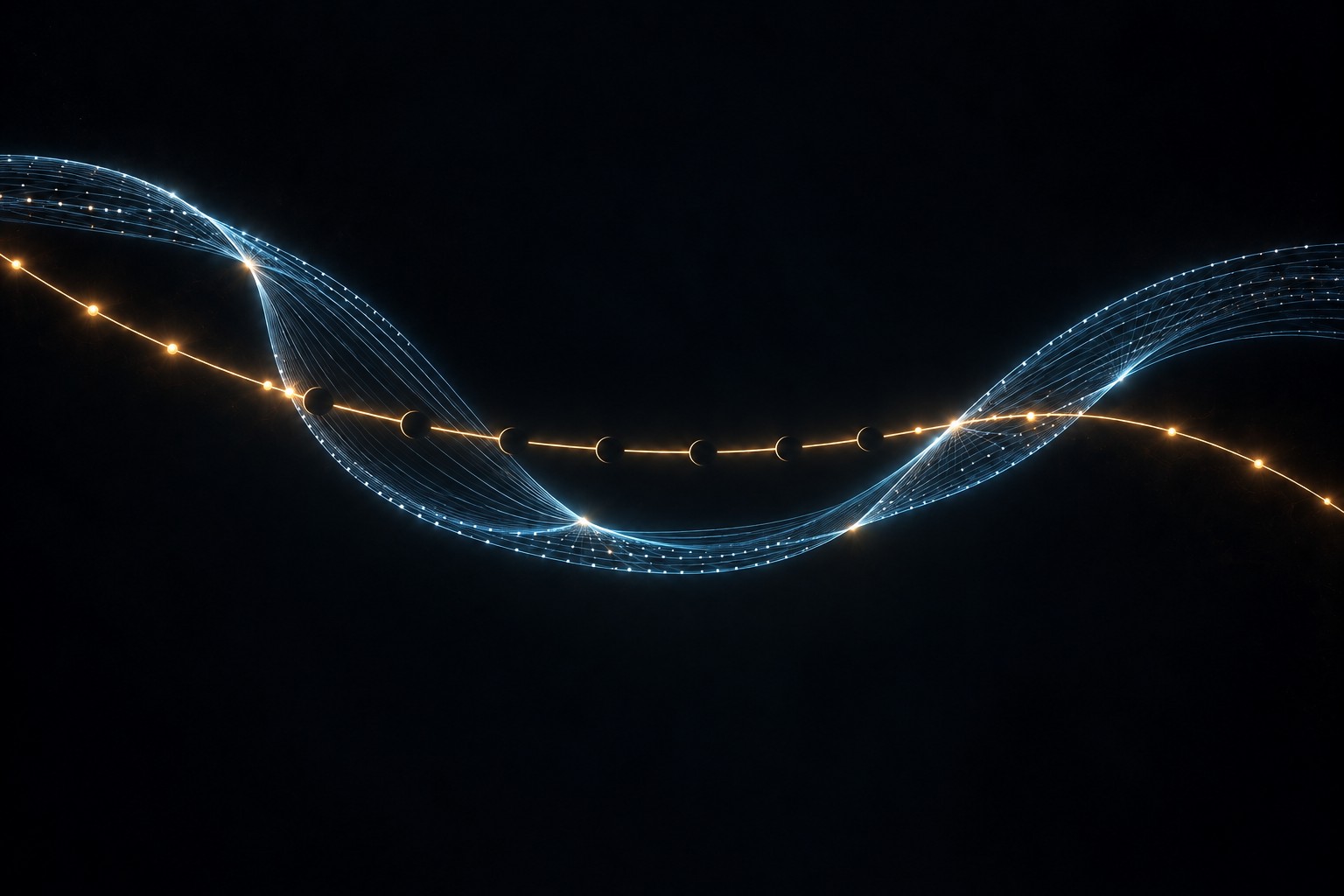 The breaks in the gold path stand for primes whose repeating decimal has no matches after a one-place shift. The path continues, but the list of silences does not. In decimal there are seven such primes above ten, and seventy-three is the last.