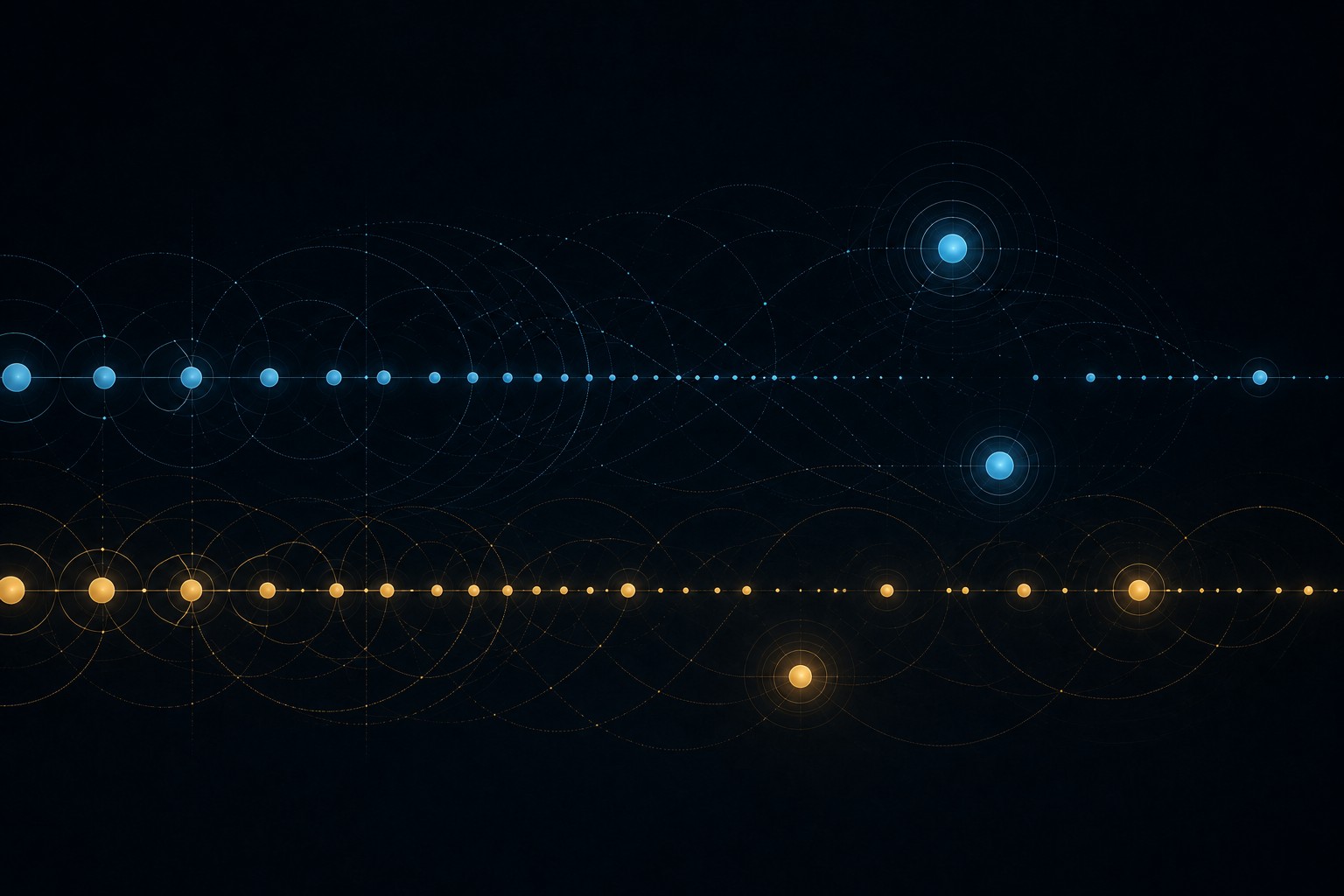 Fine blue and gold circles on a dark field lose their shared rhythm, while a few large blue points retain concentrated light.