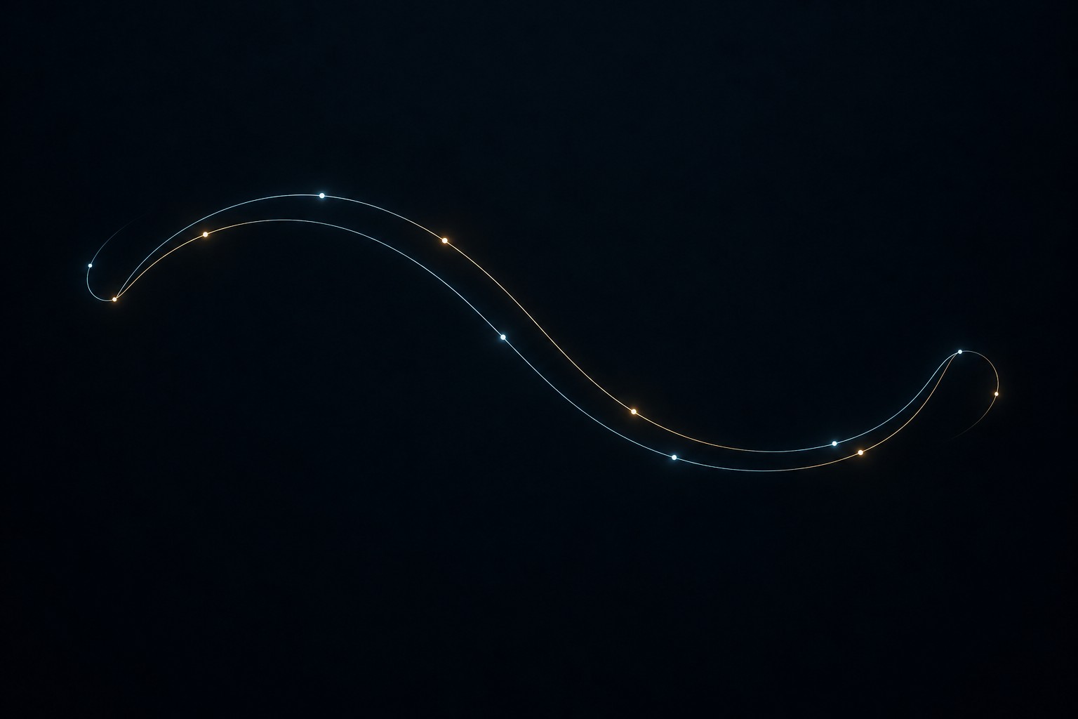Gold and blue marks share a curve's cadence but fall into one another's intervals. This displaced rhythm suggests a silent prime, where the shifted digits never agree.