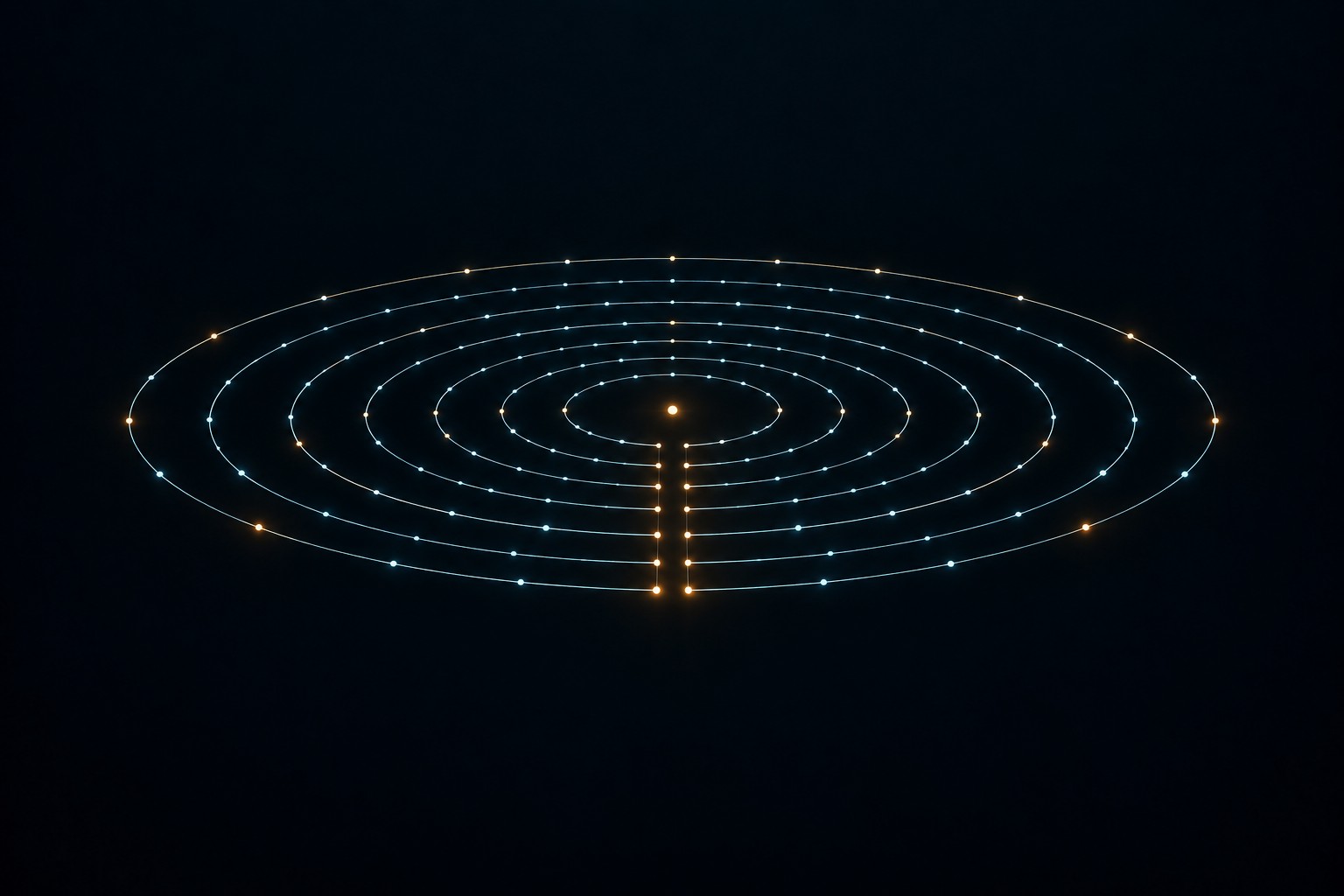 Rings of clocks, each broken at the same narrow seam. Their gold endpoints line up along it, the one place where every clock starts over together.