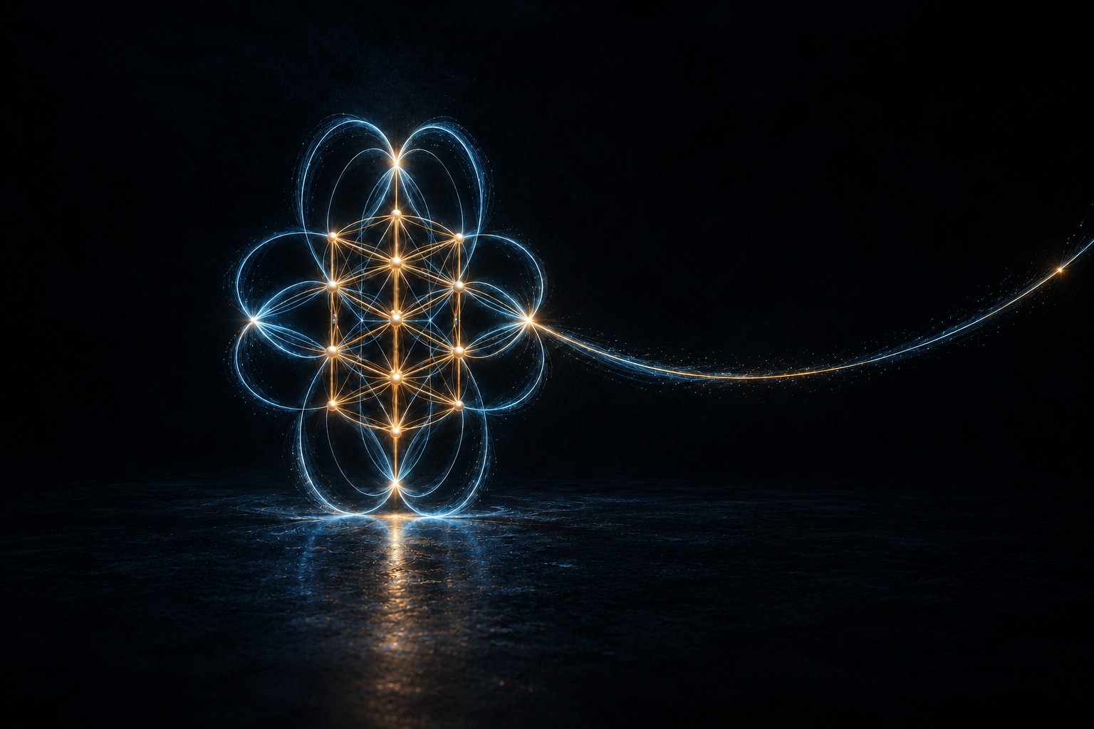 The compact lattice represents the finite collision table. The long outgoing path stands for increasing denominators, whose deviations keep returning to values already held in that lattice.