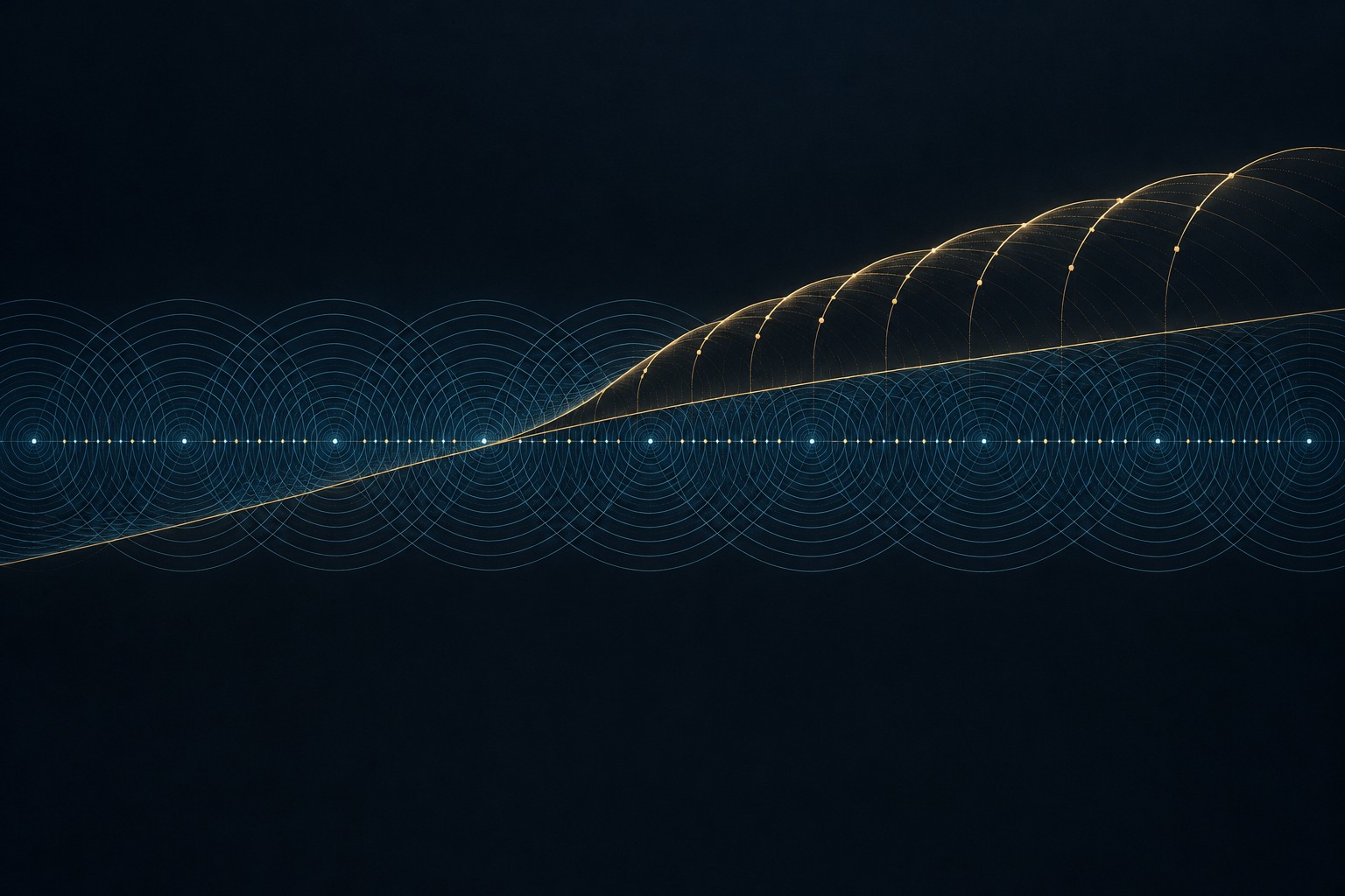 The blue rings suggest repeating remainder clocks. The gold boundary cuts through unfinished cycles, evoking the bias created when the observation grows with the resolution.
