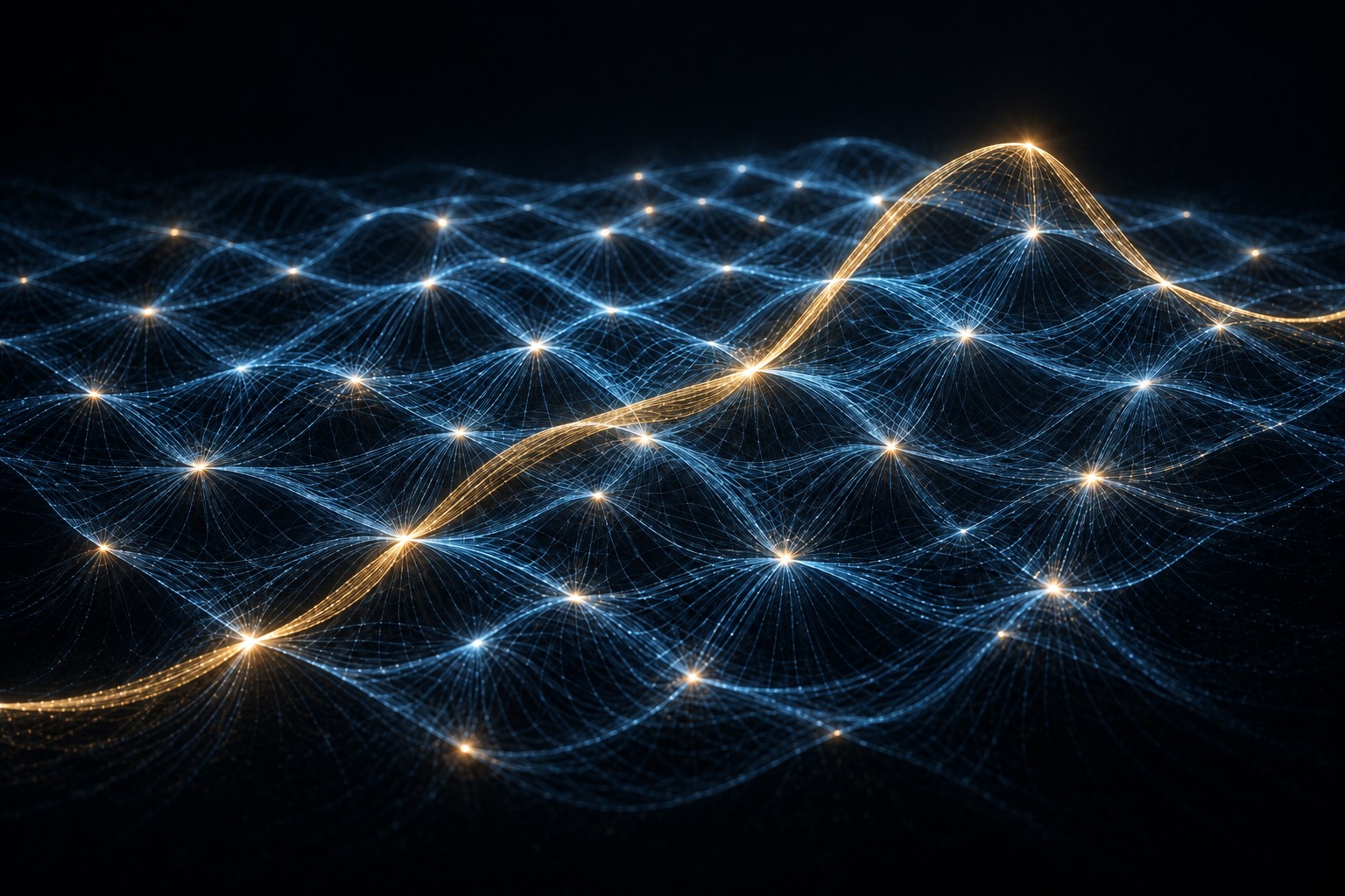 A gold strand stands apart from the blue field of shared agreement. It marks the distinction between alignment with one reference fraction and agreement already present among the other rows. Subtracting the background reveals the focused part.