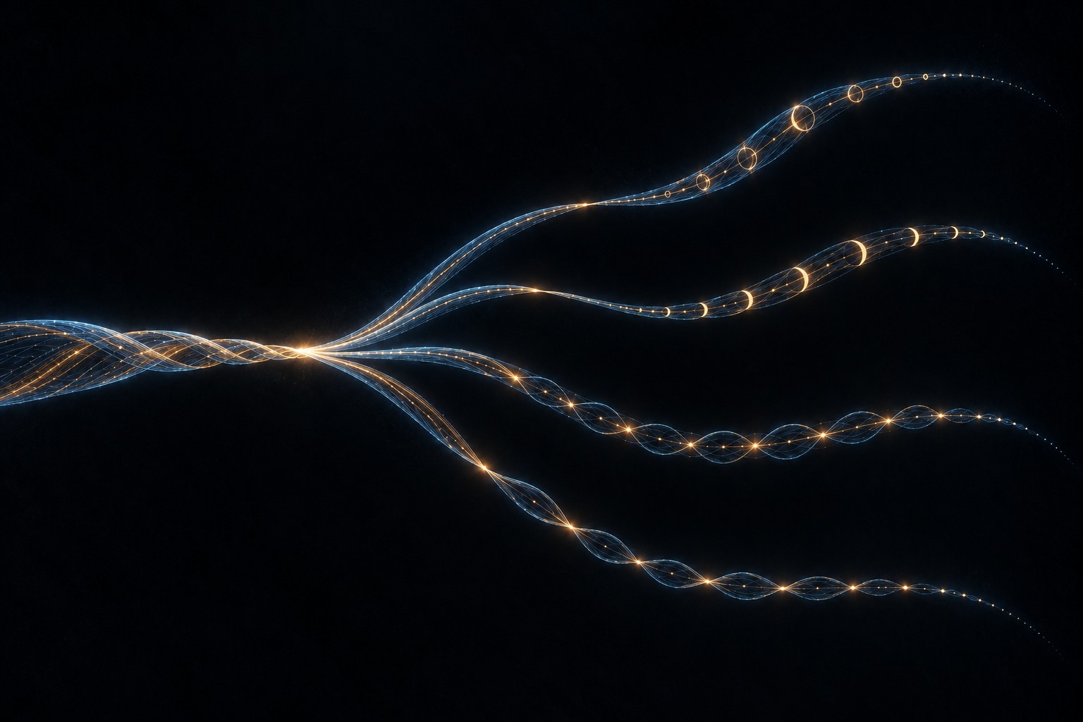 Four traceable branches carry contributions from primes ending in one, three, seven, and nine. Their gold phase marks evoke the character weights that recombine those streams, exposing differences concealed by the total without losing any of the original sums.