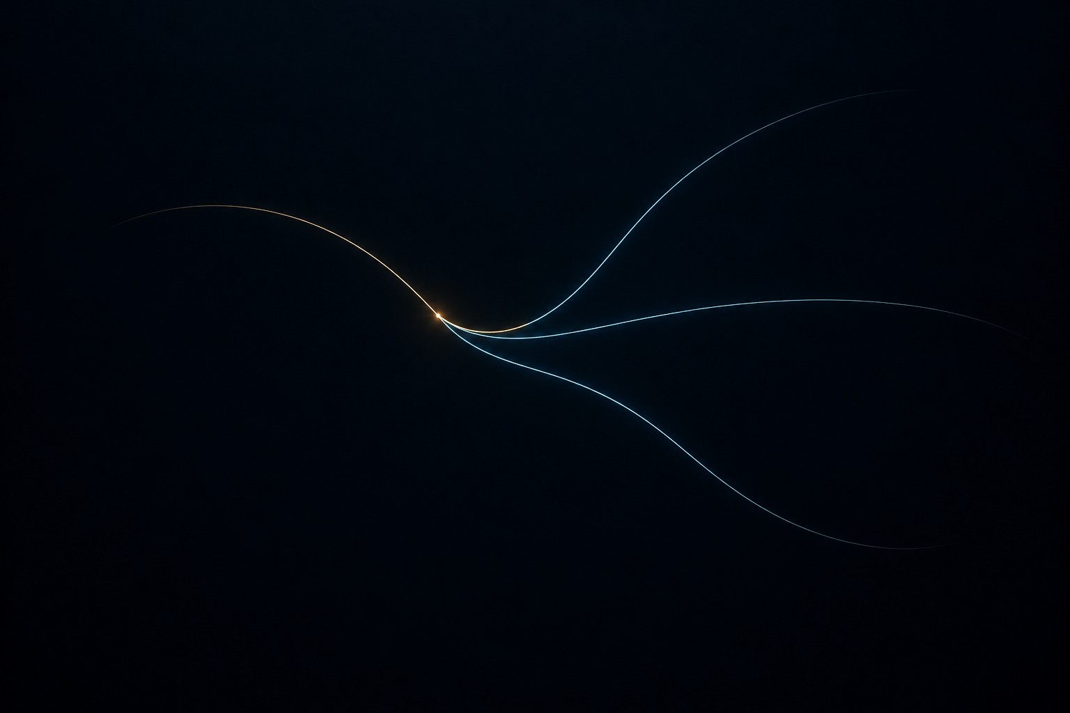 Different blue continuations share one small gold bend. The changing extensions suggest the measurements, while the common relation recalls the finite structure that survives beneath them.