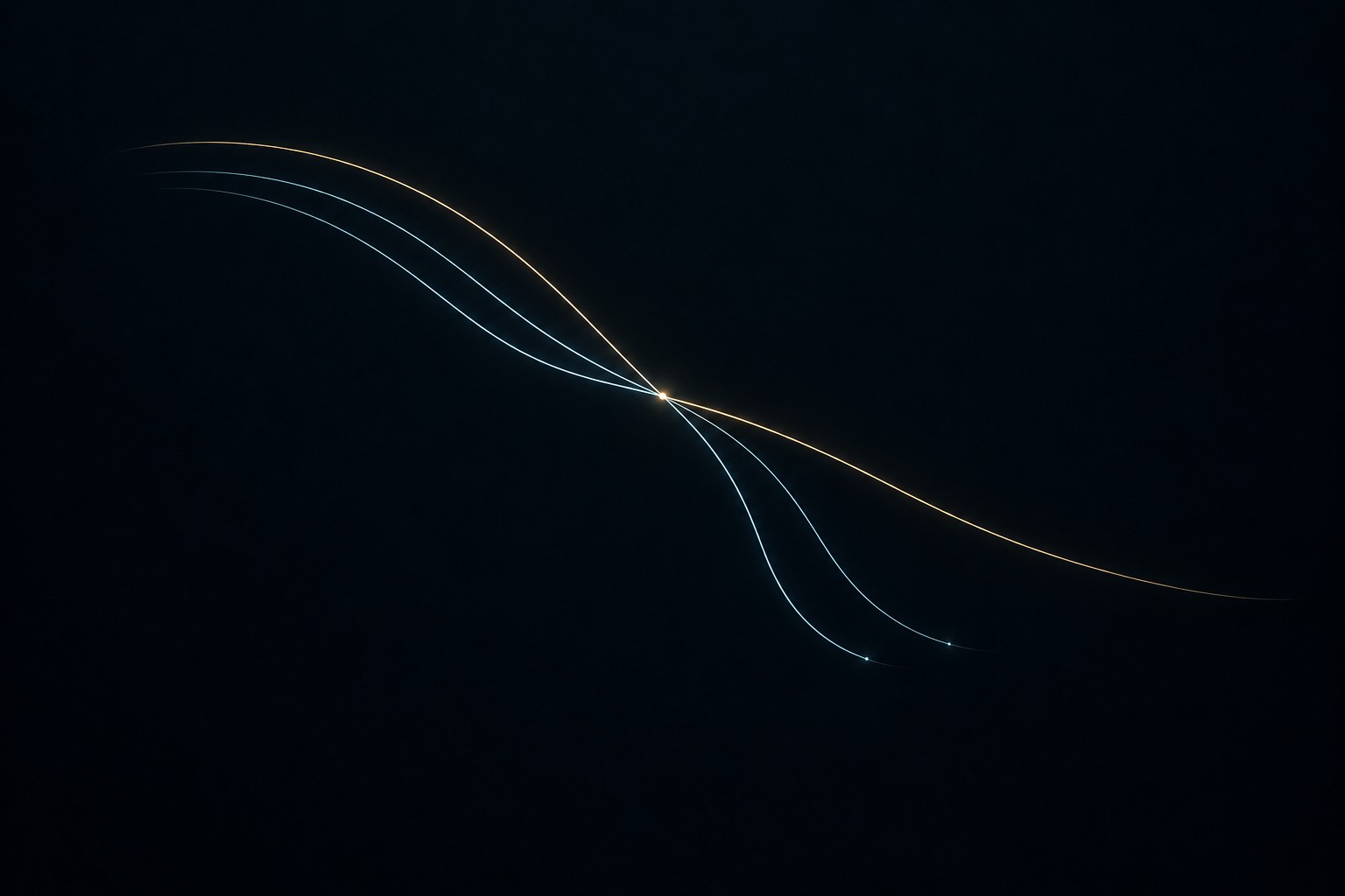 One gold continuation separates from a related family of blue curves. The composition recalls the prime three, singled out by the alignment threshold.