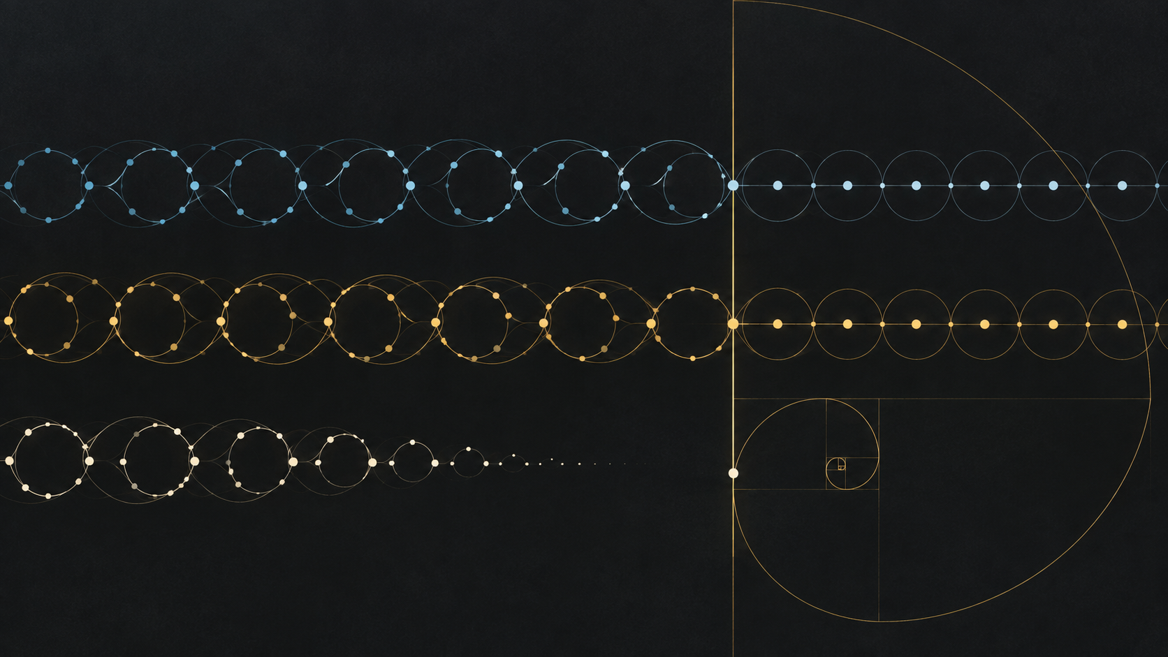 Blue and gold loops with marked points beside a golden spiral on a dark background.