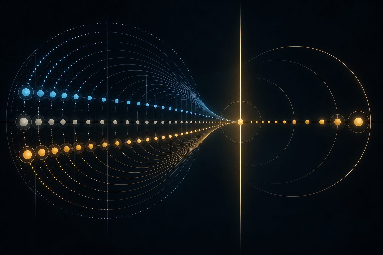Blue and gold arcs and rows of points converge at a bright point on a horizontal axis against a dark background.
